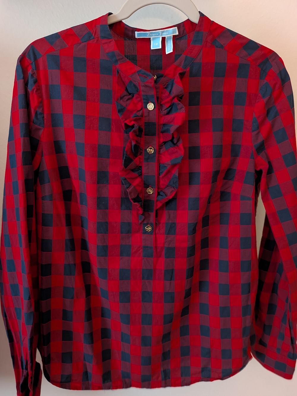 Draper James Red & Navy Ruffled Buffalo Check Button Pullover